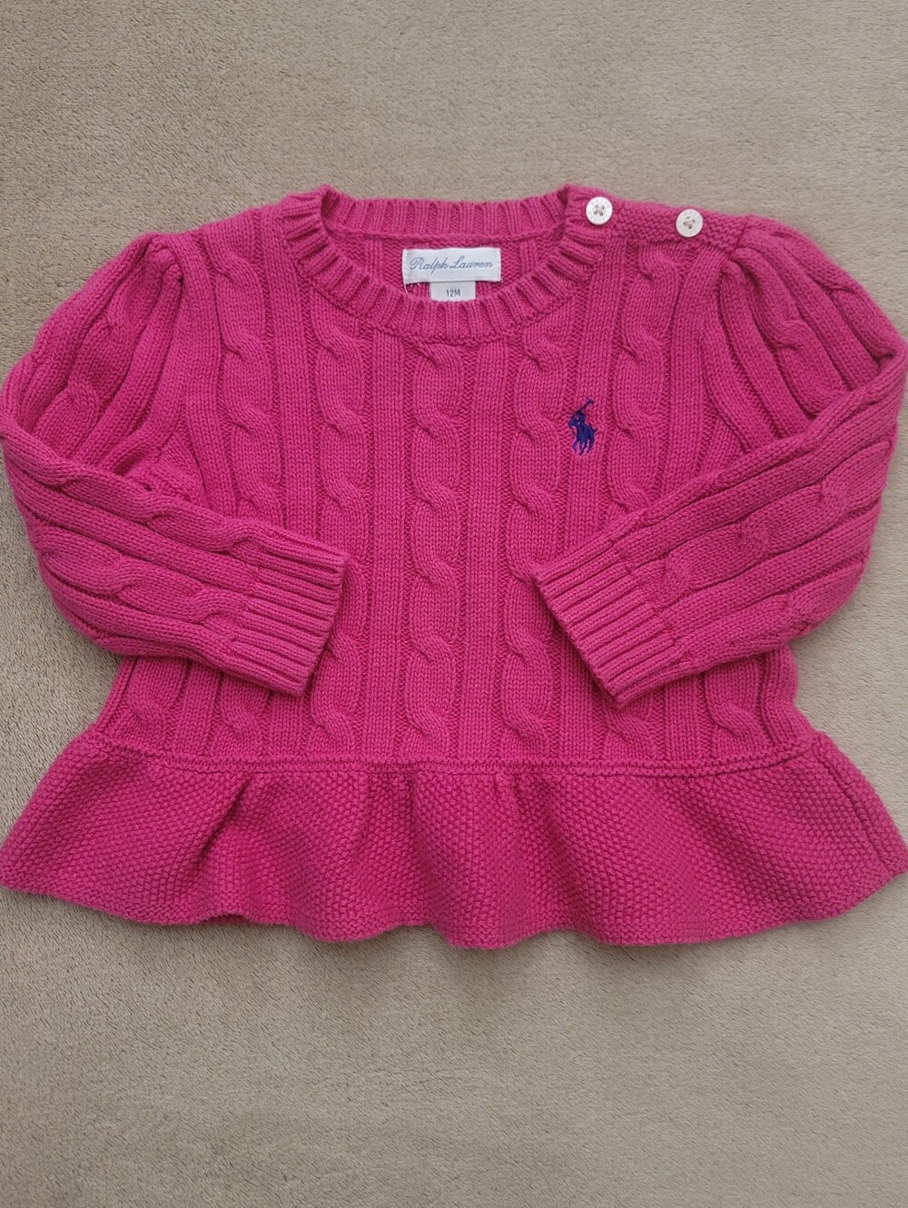 Ralph Lauren Baby Girl Pink Cable-Knit Cotton Peplum Jumper Size 12 Months